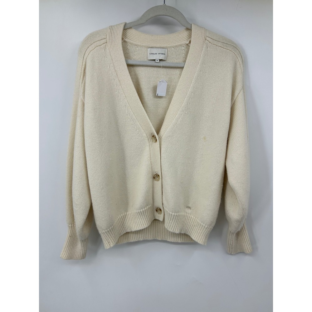 Loulou Studio Cream V-Neck Button Front Knit Cardigan Sweater Ivory Size M